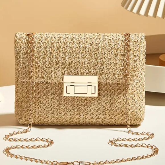 Handbags - Women's Beige Woven Chain Bag with Gold Hardware & Finishings, 5.5×8×2, NWOT